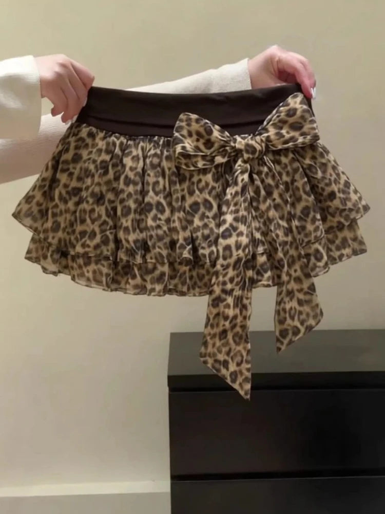 HOUZHOU Women Leopard Mini Skirt Y2k Gyaru Elastic Waist Layered Short Skirt Female Harajuku Kawaii Slim High Waist Skirts