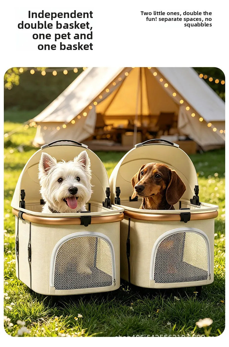 Twin Pet Cart Double Cabin Walking Pet Artifact Cat and Dog Outdoor Small and Medium Lightweight Foldable Double Layer Cart