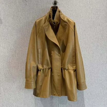 Real Sheepskin Coat Spring And Autumn Women Regular Length Pleating Design High Quality Outerwear Female Genuine Leather Jacket