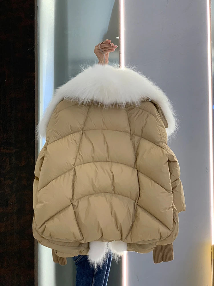 Oversized Winter Warm Real Fox Fur Collar Black Down Coat Women Puffer Outerwear Jackets 2024 Autumn Winter