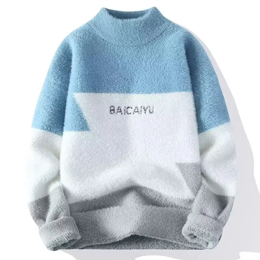 New Men's Plush Sweater Pullovers Korean Winter Warm O Neck Colorblock Sweater High Quality Cool Top Fashionable Men's Clothing