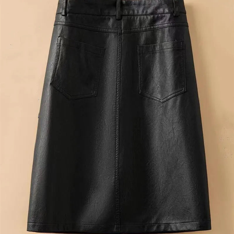 Spring Autumn Winter Leather Skirt Women New Fashion Black Brown High Waist PU A-Line Skirts Large Size S-5XL Female Midi Skirts