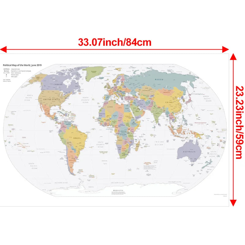 English Map Series-World Map-2019,Decorative Hanging Picture Decor Frameless,Geographical,Tourism/education Tools