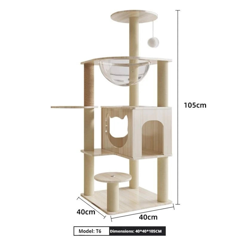 Large Cat Climbing Frame with Thickened Hemp Rope Multi-layered Wooden Cat Tree Tower and Integrated Scratching Post for Pets