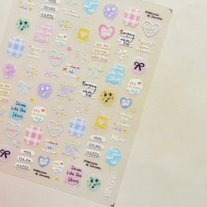 Collage Text English Letter Musical Note Star Graffiti Colorful 5D Love Heart Bowknot Nail Art Sticker Adhesive Manicure Decals