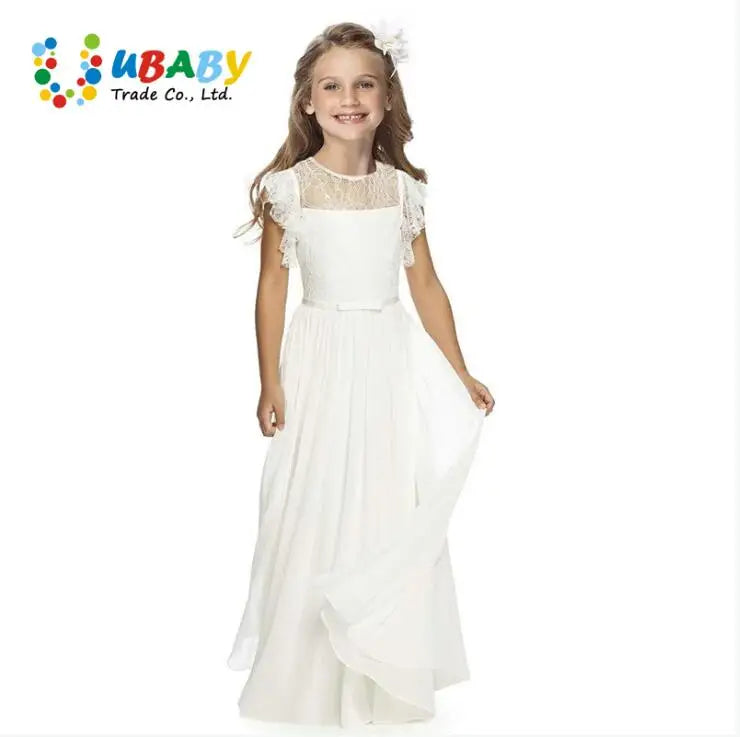 Kids Clothes White Lace Girls Full Sleeve Princess Dress Wedding Fancy Girl Long Dresses Elegant Evening Party Ball Gown 2 to 14
