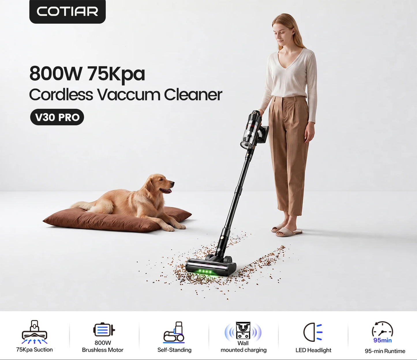 COTIAR V30 PRO 75kPa 800W Cordless Vacuum Cleaner Strong Suction 95 Mins Runtime Handheld Home Appliance Portable Removable Battery
