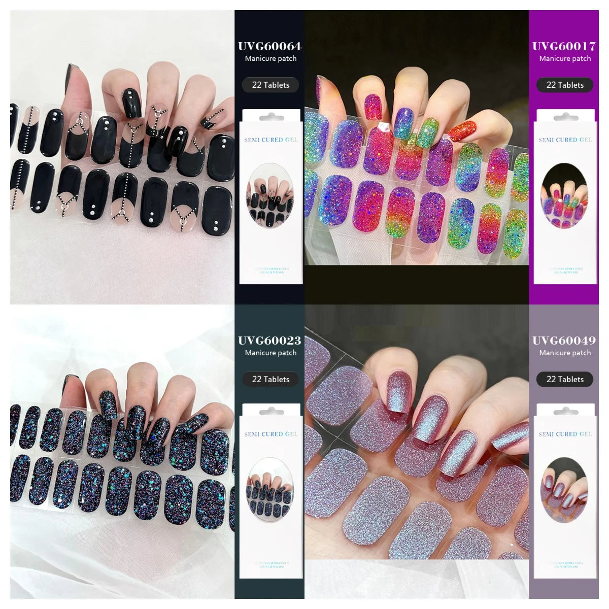 16/22 Tips Semi Cured Gel Nail Stickers for UV Lamp Designer Adhesive Nail Gel Wraps DIY Long-lasting  Nail Decoration