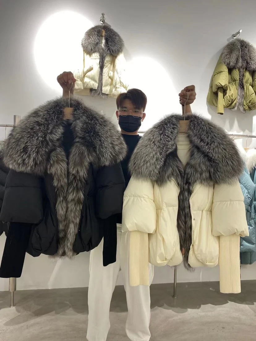 2024 Winter Women Warm Coat Oversized Real Fox Fur Collar Thick Luxury Outerwear New Fashion 90% Goose Down Jacket