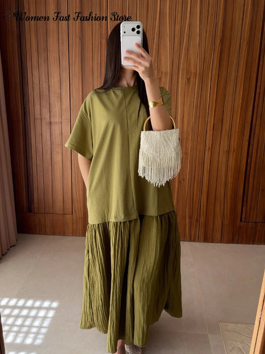 2026 Summer New Loose Patchwork Dresses Women's Pleated Fashion Short Sleeve O-neck Long Robes Female Elegant Casual Dress