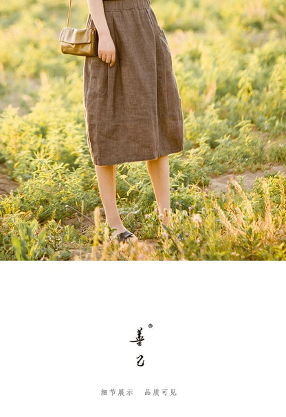 New Cotton and Hemp Half Length Skirt for Women in Summer, A-line Medium Length Skirt, High Waist, Loose Elastic Waist Skirt