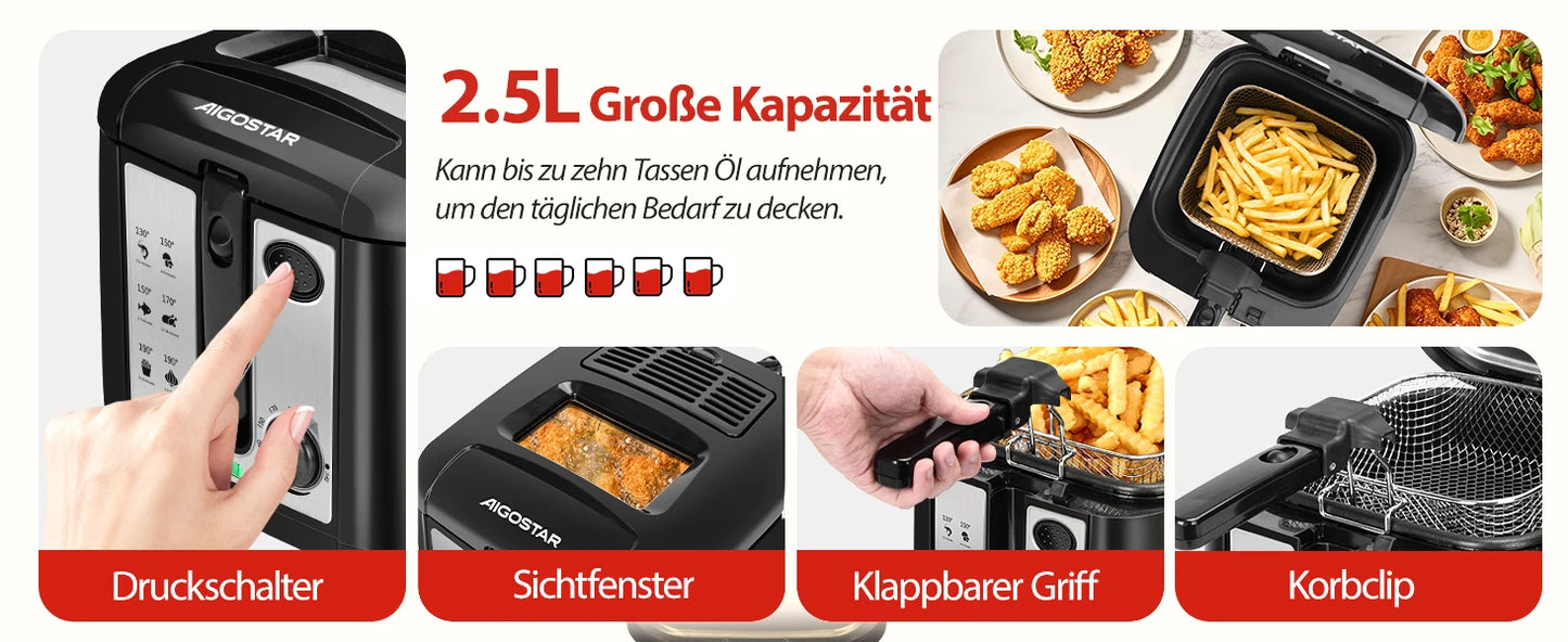 Aigostar gruzdintuvė, 2,5 l talpos, 1650 W, be BPA, su permatomu langu, temperatūros reguliavimu ir ekranu, juoda