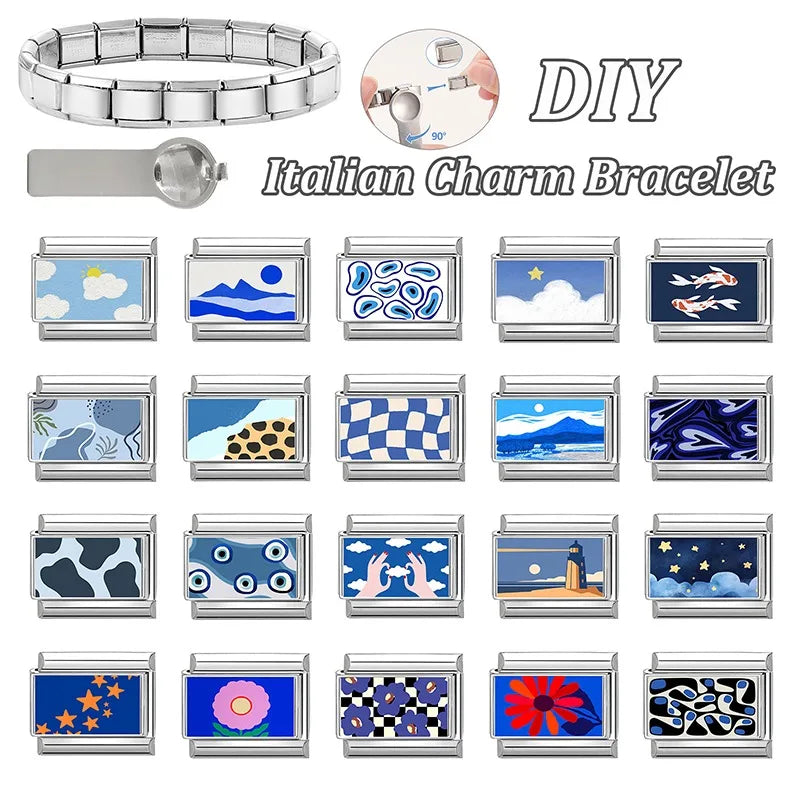 Fashion Blue NO.8 Ball Panda Elephant Cat Flower Italian Charms Fit 9mm Stainless Steel Women Fashion Bracelet DIY Jewelry Gifts