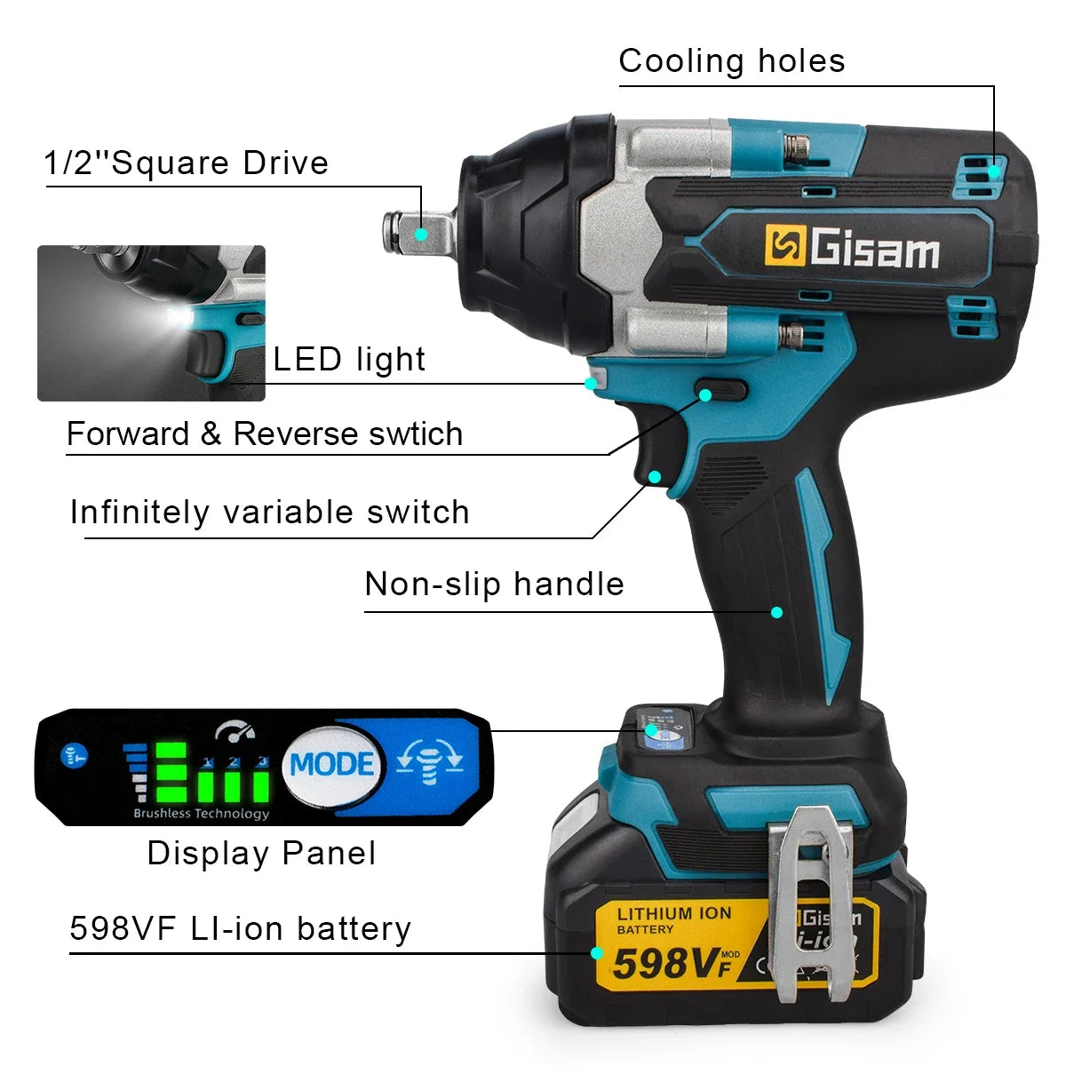 Gisam 1800N.M Torque Brushless Electric Impact Wrench 1/2 inch Screwdriver Cordless Wrench Power Tool For Makita 18V Battery Pin