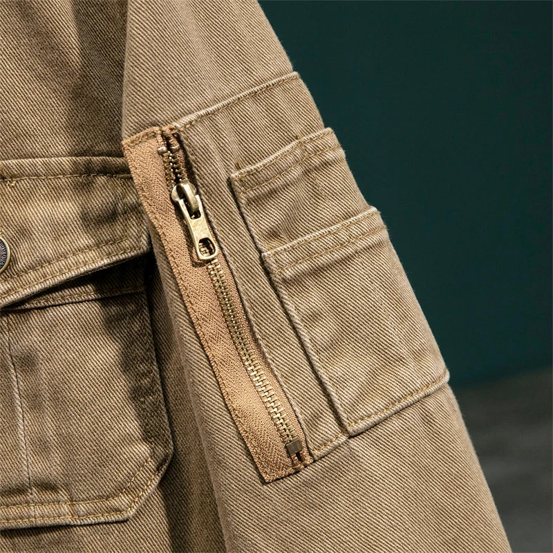 American Retro Style Men's Spring Casual Jackets Heavyweight Cotton Multi-Pockets Loose Cargo Jacket Fashion Outerwear