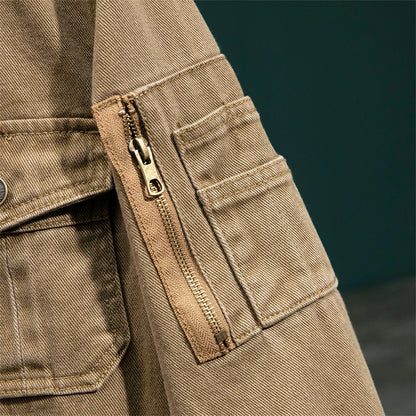 American Retro Style Men's Spring Casual Jackets Heavyweight Cotton Multi-Pockets Loose Cargo Jacket Fashion Outerwear
