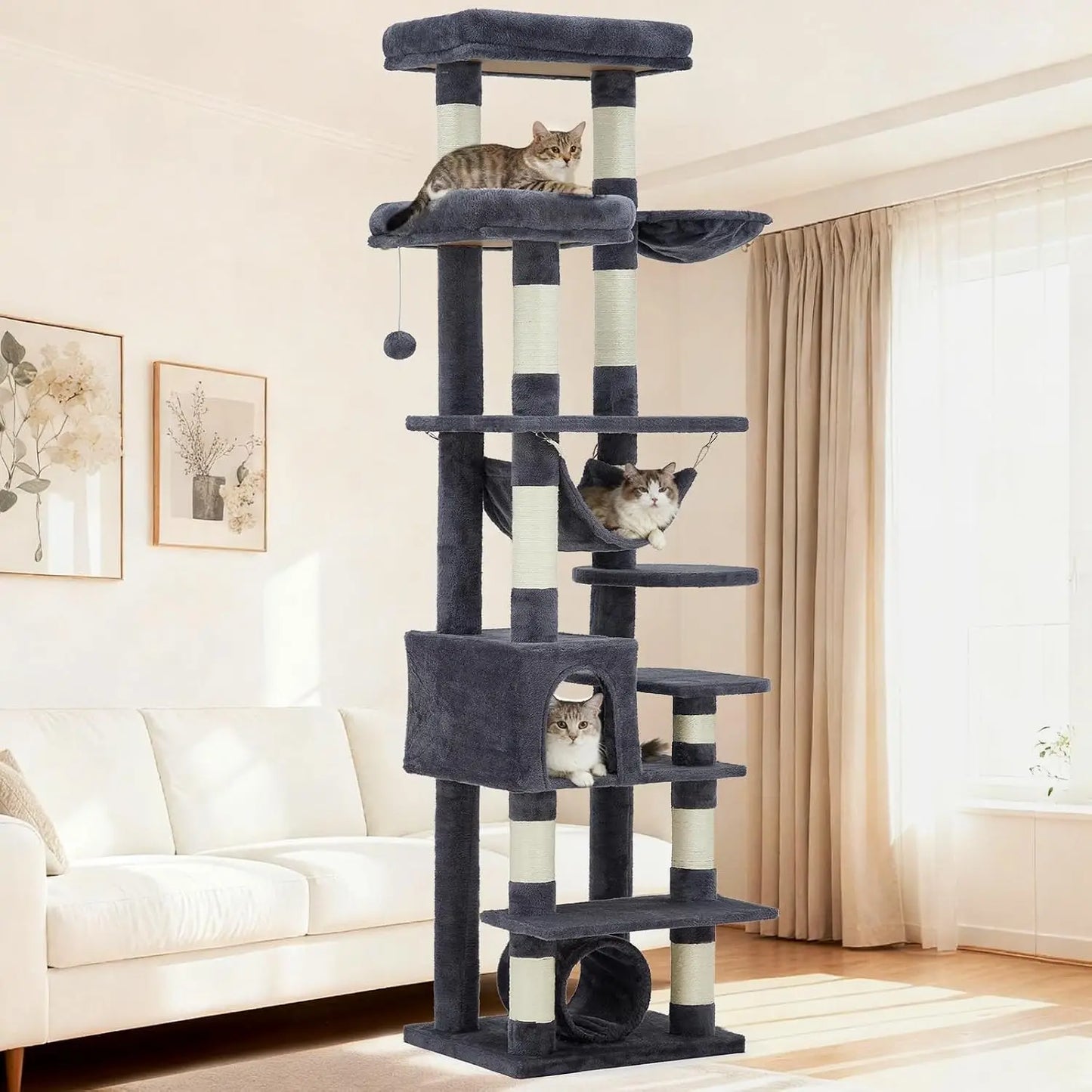 Garvee 188cm Extra Tall Multilevel Cat Tree Tower, Indoor Large Cat Climbing Activity Center with Cat Condos, Sisal Scratching Posts & Soft Hammock for Kittens and Adult Cats