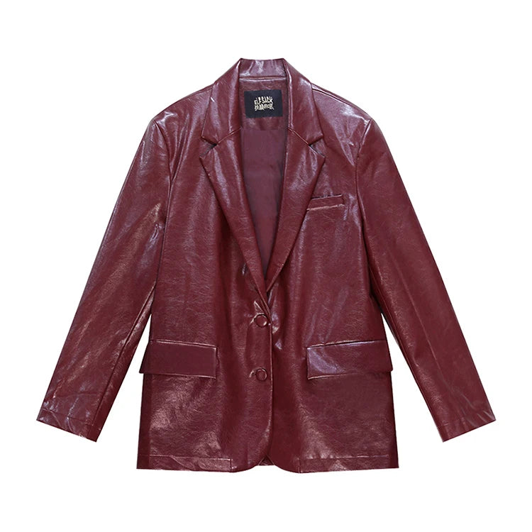 ELFSACK Women's Faux Leather Blazer Oversized Wine Red Long Sleeve Casual Office Wear Jacket Fashion Streetwear Coat