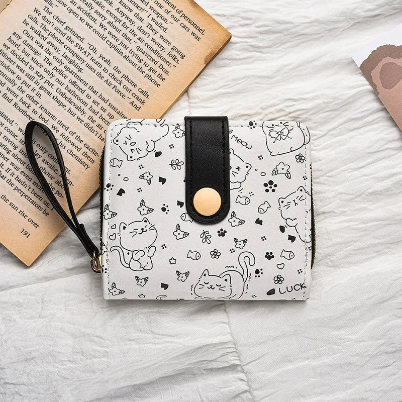 Japanese Cute Cat Girls Wallet Short Student ID Bank Card Holder Money Bag Zipper Wallets For Women Key Storage Purse Coin Purse
