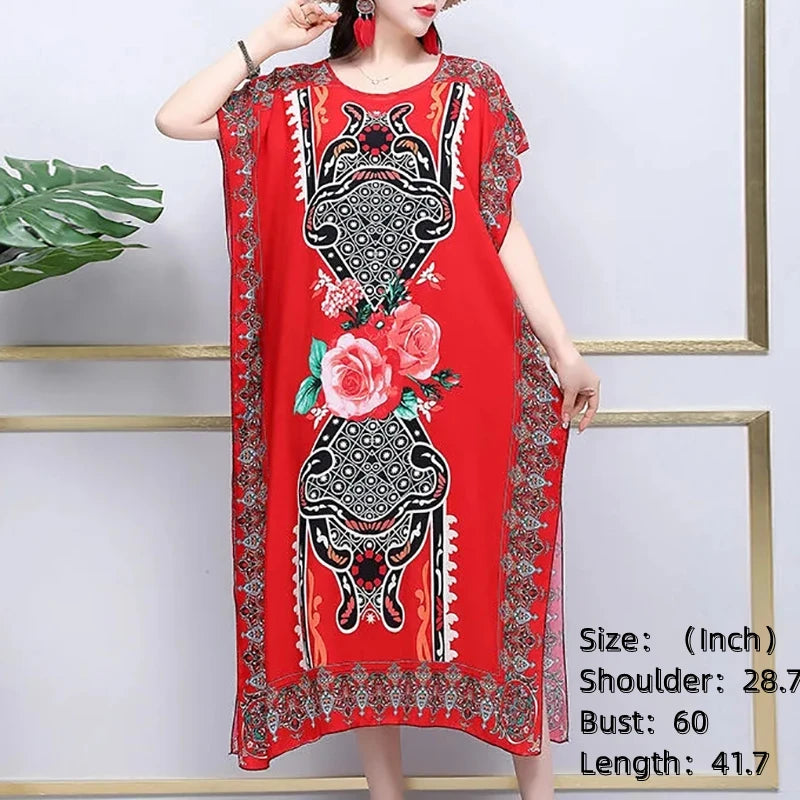 Casual Elegant Bohemian Printed Ethnic Style Retro Floral Woman Summer Street Wear Batwing Sleeve Loose Tunic Maternity Dress