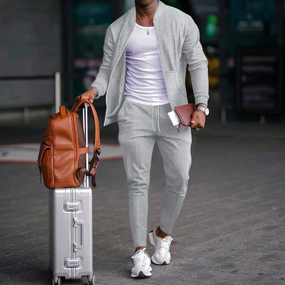 Autumn Winter Men's Casual Blazer Set New Fashion Waffle Baseball Suit Round Neck Pocket Zipper Long Sleeve Trousers Two-Piece S