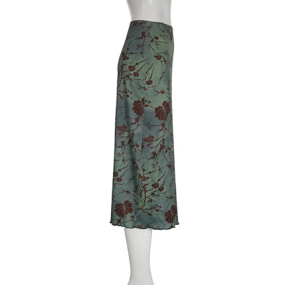 Harajuku Floral Print Long Skirt Vintage Low Rise Straight Midi Skirts for Women Autumn Basic All-match Skirts Ladies Y2k