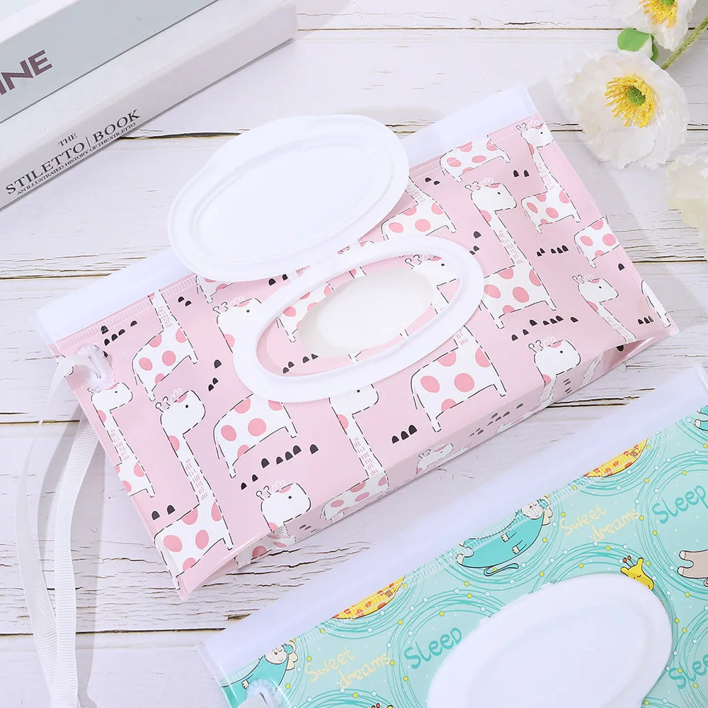Cute EVA Baby Wet Wipe Pouch Wipes Holder Case Flip Cover Snap-Strap Reusable Refillable Wet Wipe Bag Outdoor Home Tissue Box