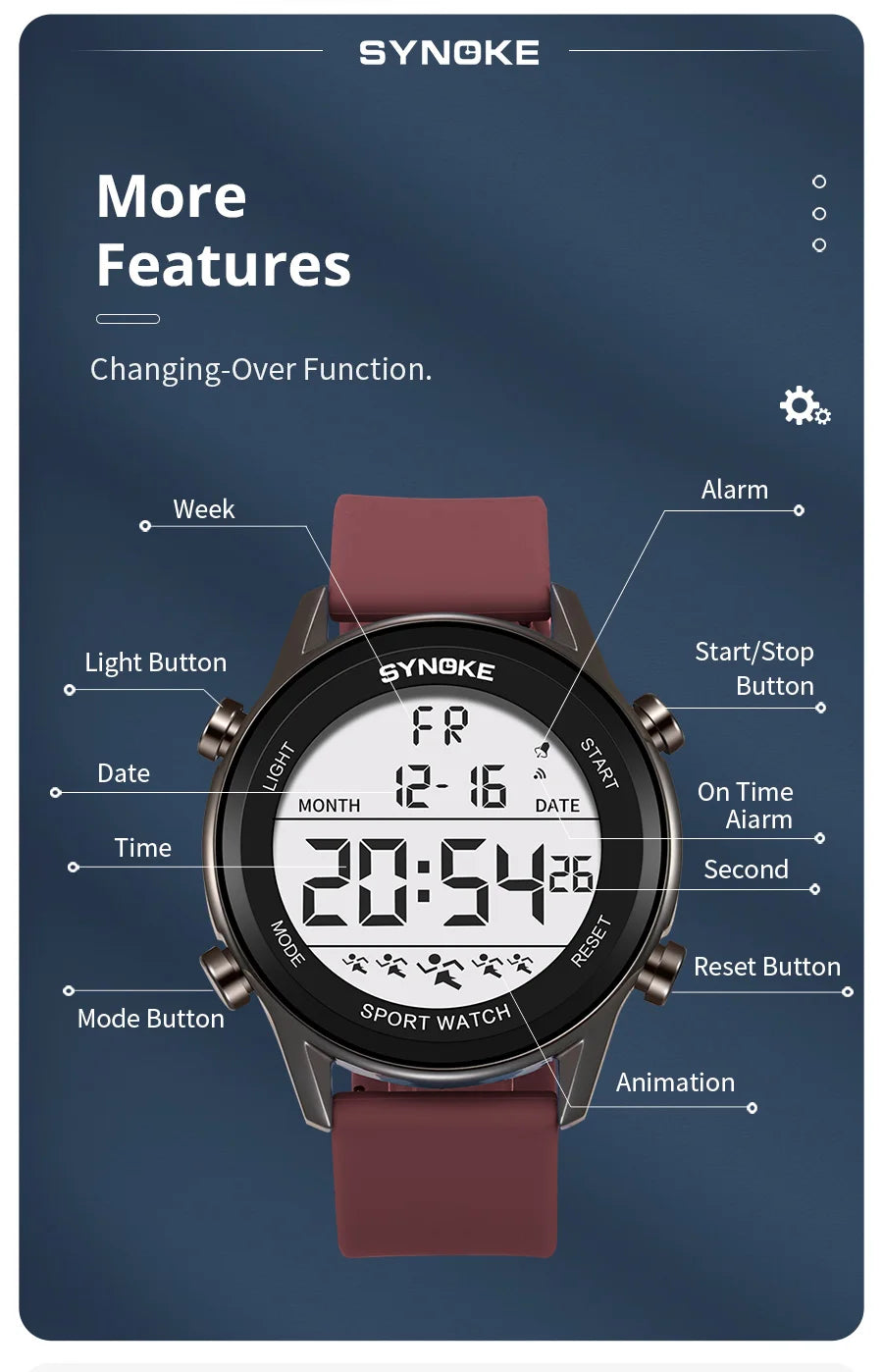 SYNOKE Men Outdoor Sports Multifunctional Waterproof Large Screen Display Luminous LED Digital For Men Fashion Silicon Watch