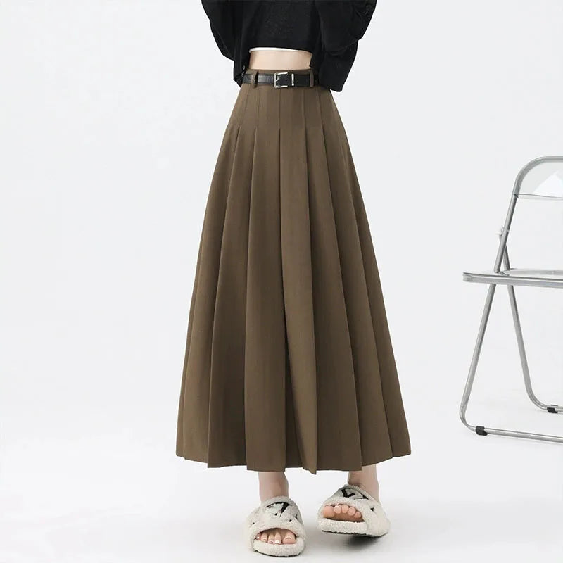 2026 New Women's Pleated Maxi Skirts Autumn High Waisted Zipper Jk Long Skirt Woman Elegant Loose Design Big Swing A-Line Skirts