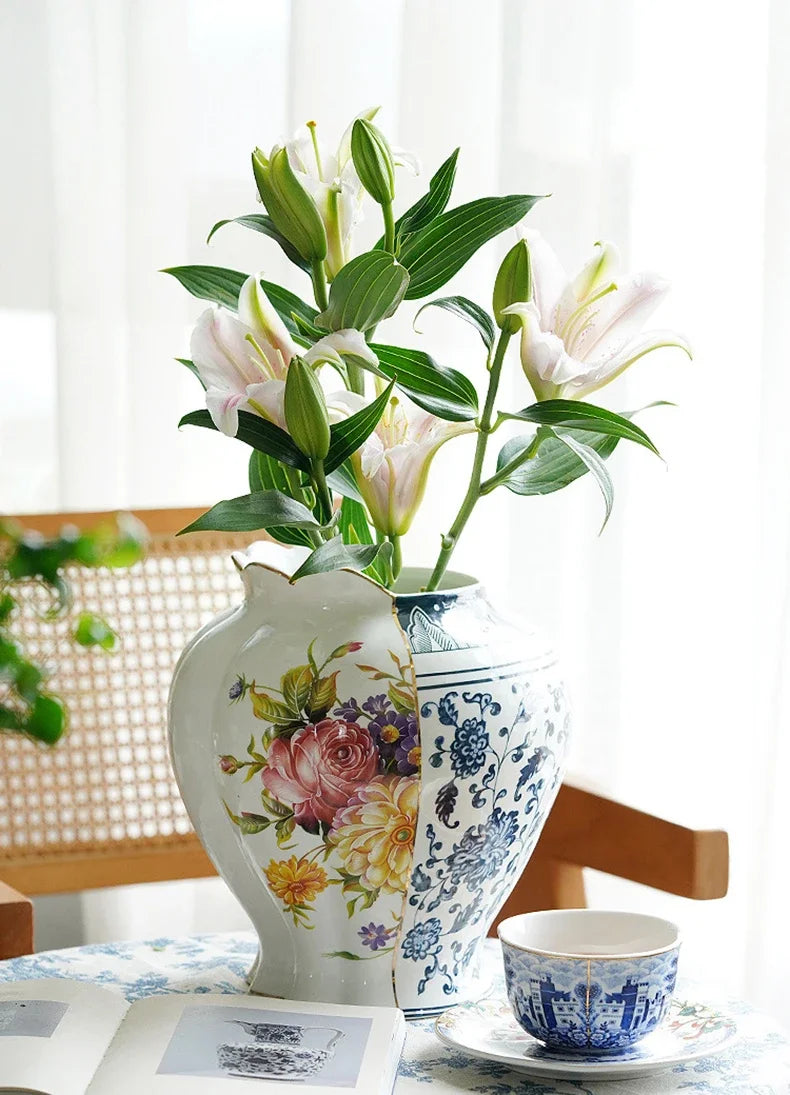 Splicing Light Luxury Antique Style Ceramic Vase Creative European Vintage Flower Vase Arrangement Living Room Desktop Ornaments
