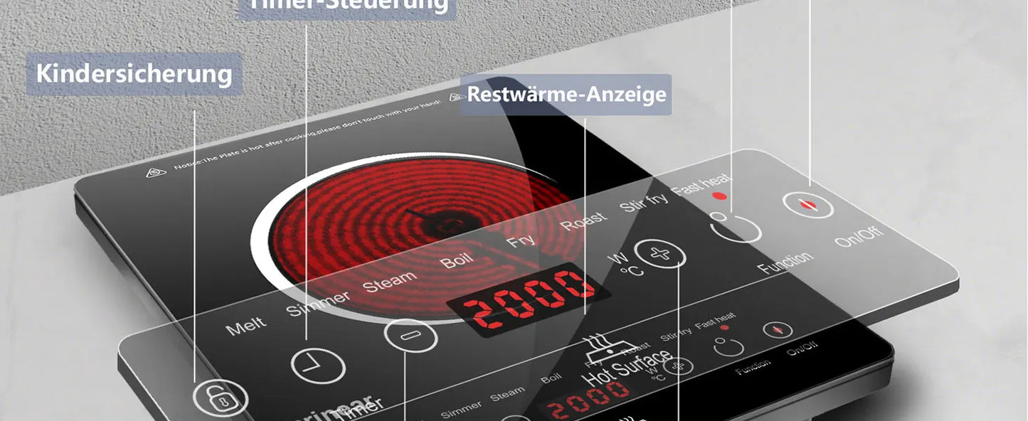 Karinear Glass Ceramic Hob 1 Plate Portable, 650 °C Max, Ceramic Hob 1 Freestanding, 2000 W, Hob 1 Hob with Plug, Timer