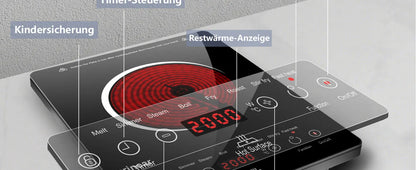 Karinear Glass Ceramic Hob 1 Plate Portable, 650 °C Max, Ceramic Hob 1 Freestanding, 2000 W, Hob 1 Hob with Plug, Timer