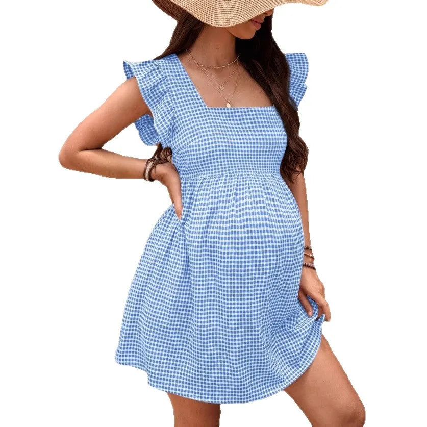 Dress for Pregnant Women 2025 Checkered Square Neck Women's Casual A-line Maternity Dress Short-sleeved Pregnancy Clothes