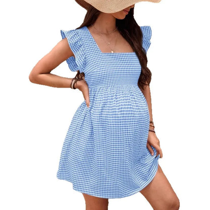 Dress for Pregnant Women 2025 Checkered Square Neck Women's Casual A-line Maternity Dress Short-sleeved Pregnancy Clothes
