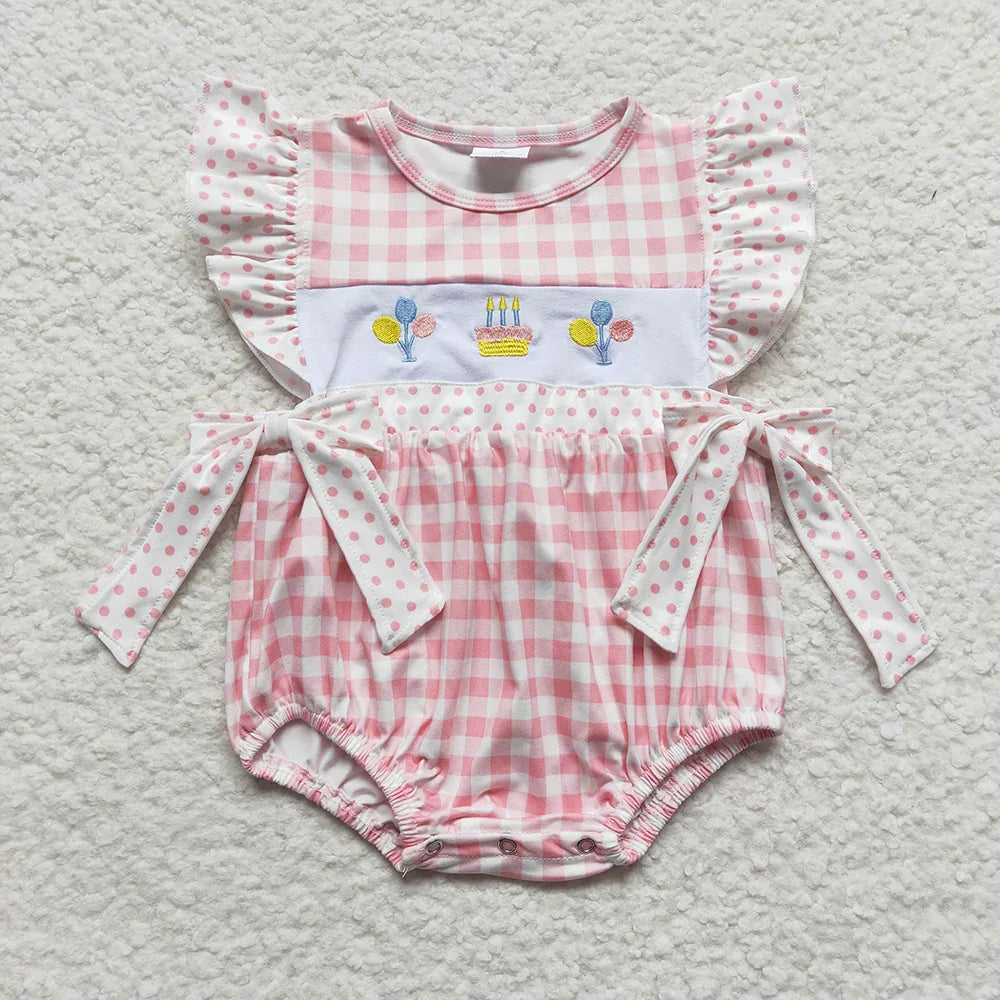 Wholesale Baby Girl Newborn Birthday Balloons Romper Bubble Embroidery Pink Plaid Bows Jumpsuit Kids Toddler Summer Clothes