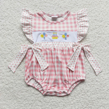 Wholesale Baby Girl Newborn Birthday Balloons Romper Bubble Embroidery Pink Plaid Bows Jumpsuit Kids Toddler Summer Clothes