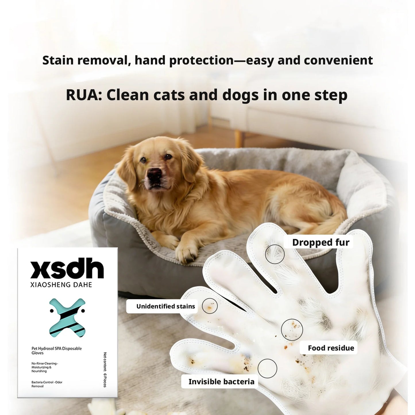 No-Rinse Pet Cleaning Gloves, Disposable SPA Wipes for Dogs & Cats, Deodorizing