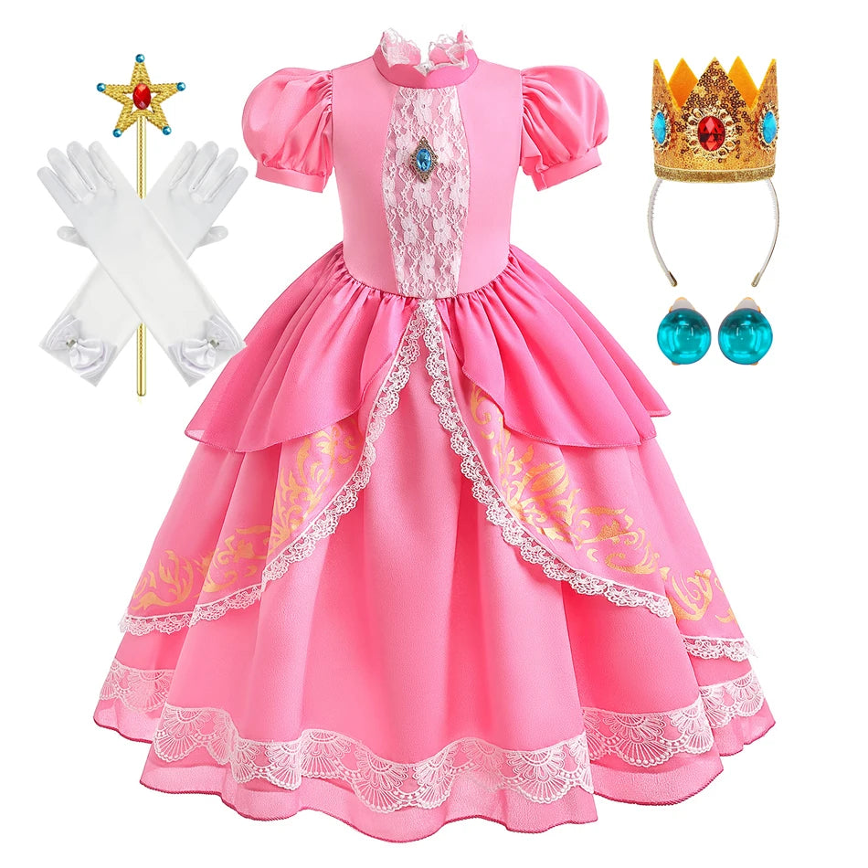 Peach Princess Costume with LED Color Light Toddler Birthday Game Role Play Dress Girl Halloween Festival Gown Pink Lace 4-8 Y