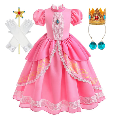 Peach Princess Costume with LED Color Light Toddler Birthday Game Role Play Dress Girl Halloween Festival Gown Pink Lace 4-8 Y