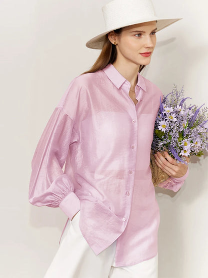 AMII Minimalist Blouse for Women 2023 Autumn Lantern Sleeve V-Neck Slightly Transparent Elegant Commuter Clothing Tops 72341030