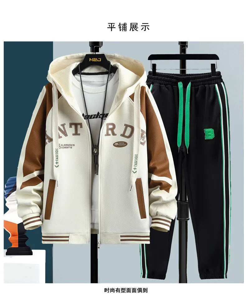 High Quality Running 2 Piece Set Hooded Jacket+Sweatpants Cardigan Long Sleeve Casual Tracksuit Men Sport Brand Clothing Suit