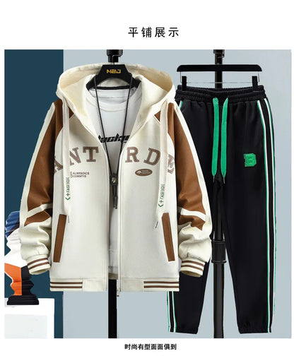 High Quality Running 2 Piece Set Hooded Jacket+Sweatpants Cardigan Long Sleeve Casual Tracksuit Men Sport Brand Clothing Suit