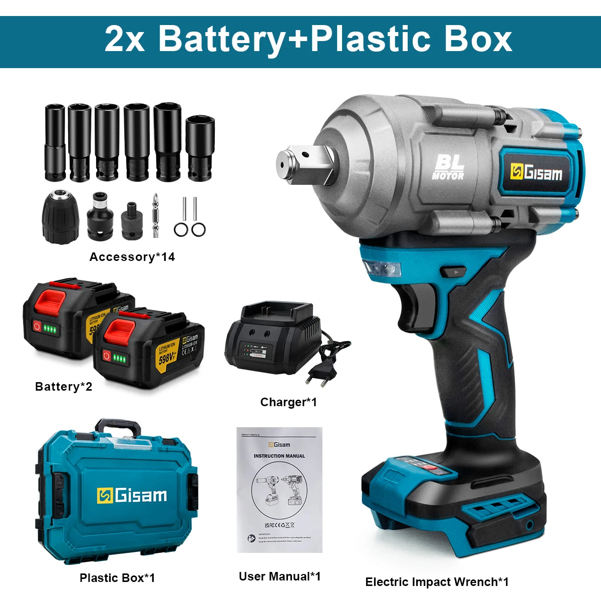 Gisam 2000N.M Torque Brushless Electric Impact Wrench 1/2 inch Screwdriver Cordless Wrench Power Tool For Makita 18V Battery Pin