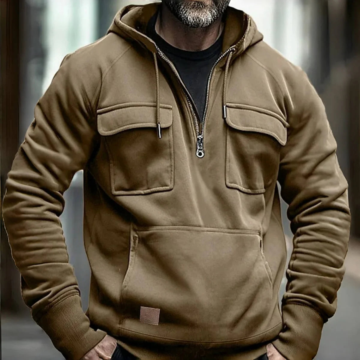 Men's Casual Sports Hooded Sweatshirt New Style Outdoor Thick Fashionable Loose Long-Sleeved Pullover with Multiple Pockets