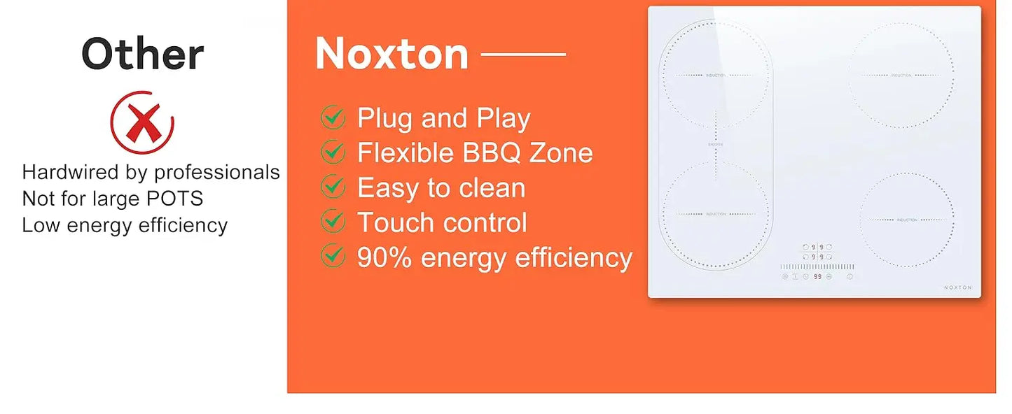 NOXTON White/Black Induction Hob Plug in, (UK:2800W/EU:3500W) 4 Zones with 1 Grill Zone, 60CM Touch, Safety Lock,Ceramic Glass