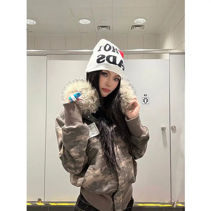 Casual Y2K Vintage Streetwear Slim Fit Winter Coat Fur Collar Hoodie Jacket American Retro Warm Outerwear Women Girls Ladies New