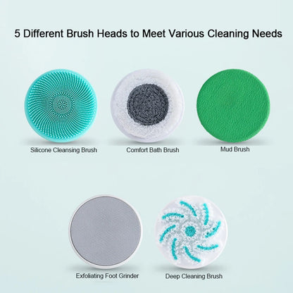 Electric Bath Brush 5-in-1 Long Handle Rechargeable Spin Body Facial Scrubber Back Rubbing Cleaning  Massage Spa Shower Brush