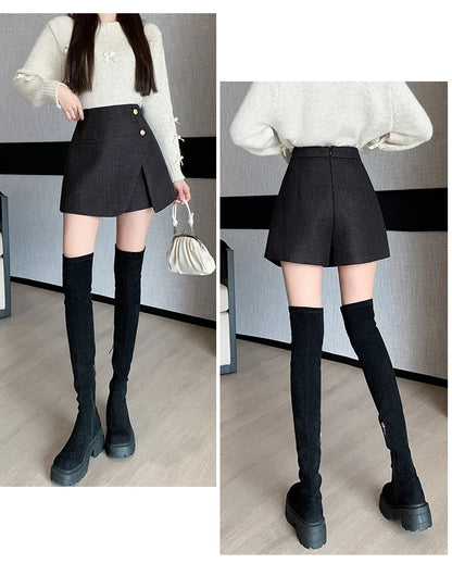 Autumn Winter Tweed Skirts Shorts Women Fashion Streetwear Cross Irregular Booty Shorts Pink Black Culottes Wide Leg Short Pants