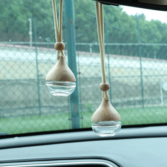 6ML Empty Car Air Freshener Pendant Perfume Glass Bottle With Wooden Caps Refillable Car Essential Oil Diffuser Bottle