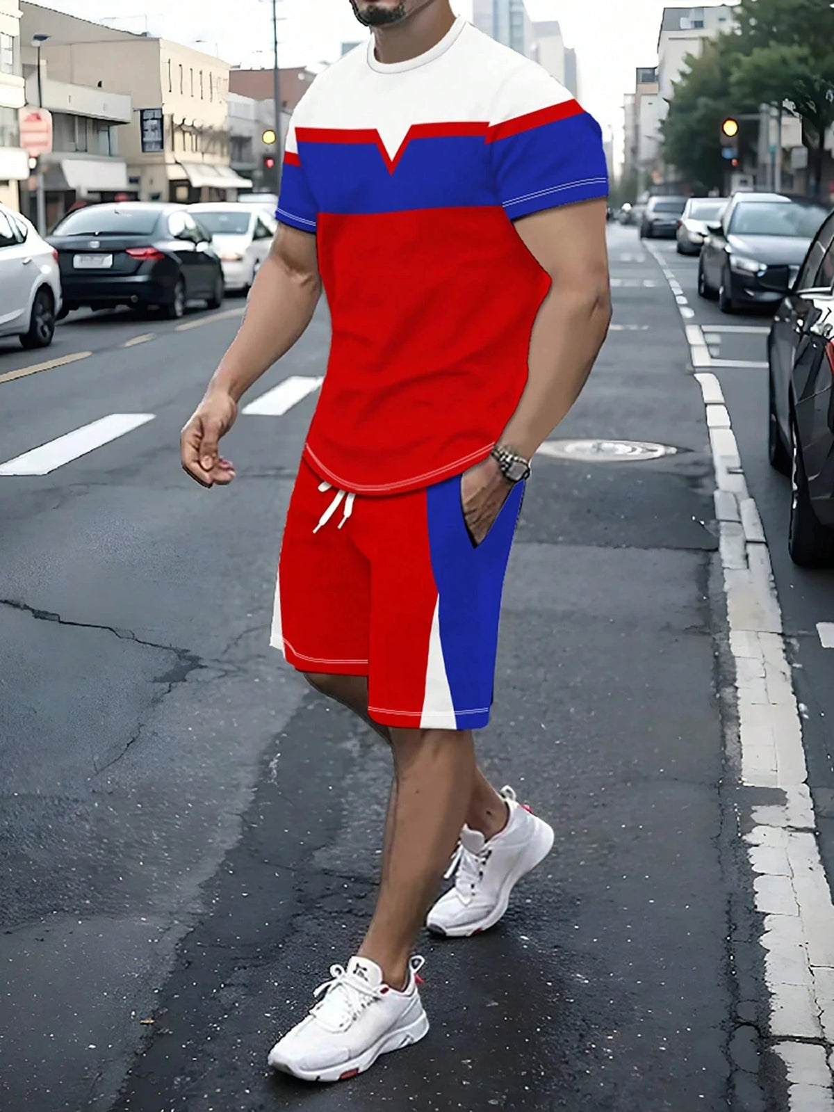 Casual Stripe Printed T-shirt Shorts Set Large Size Loose Men's Short Sleeve Tee Elastic Waist Shorts 2-piece Set Sports Clothes
